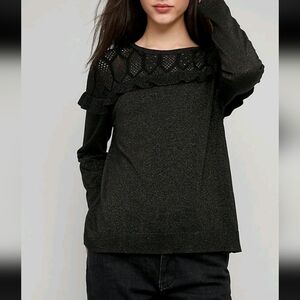 EUC Seen Worn Kept Anthro Black Gold Metallic Knit Sweater S Ruffle Crochet Yoke